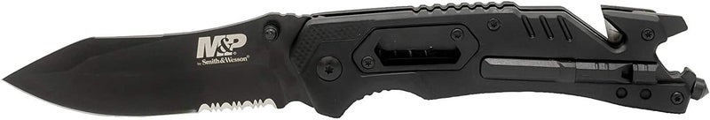Smith & Wesson سكين مطوية بمساعدة نابض من M&P بطول 8.5 بوصة من الفولاذ المقاوم للصدأ عالي الكربون مع شفرة مسننة بطول 3.5 بوصة ومقبض مطاطي للبقاء في الهواء الطلق والاستخدام اليومي، تان - Image 2