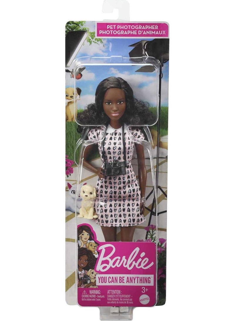 Barbie Photographer Fashion Doll with Brunette Hair, Heart-print Dress, 1 Puppy Figure & Camera Accessories - Image 1