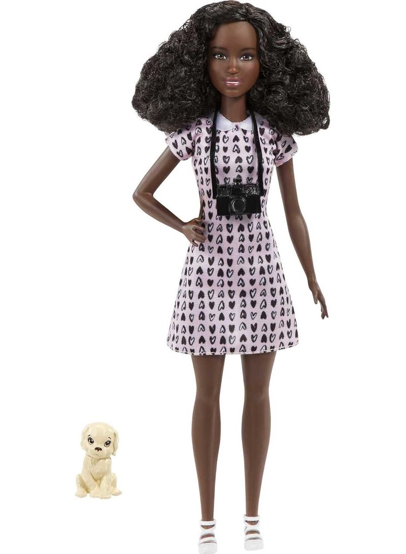 Barbie Photographer Fashion Doll with Brunette Hair, Heart-print Dress, 1 Puppy Figure & Camera Accessories - Image 4
