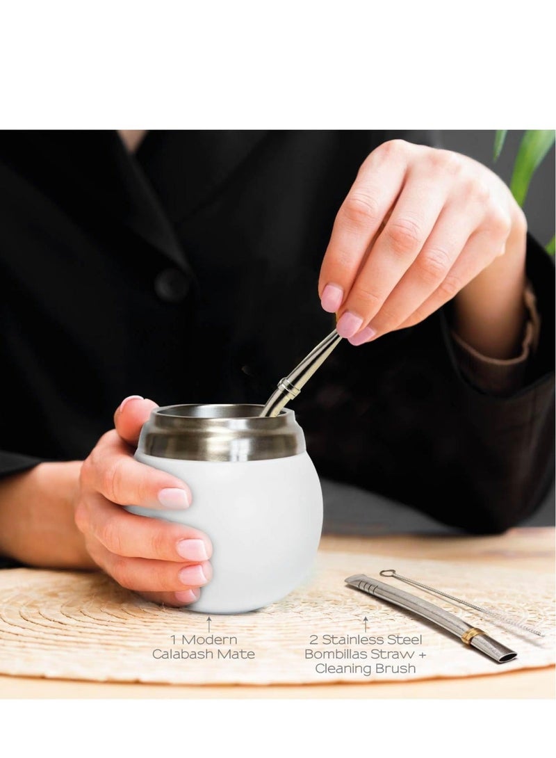 Captaintech 280ml White Stainless Steel Yerba Mate Cup Kit Includes Two Stainless Steel Straw - Image 2