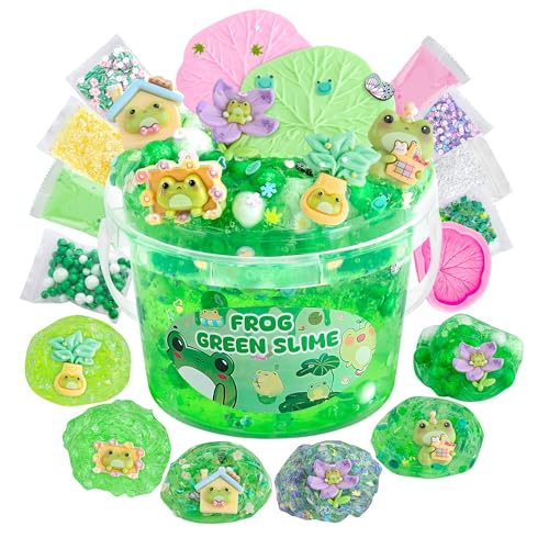 LAWOHO 300ml Frog Slime Kit with Clay Green Clear Slime Bucket for Girls Boys with 9 Packs Frog AddIns for Kids Slime Toys Non Stick Slime Making Kit for Birthday St Patricks Day Easter Gifts - Image 1