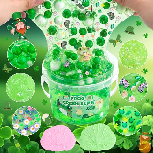 LAWOHO 300ml Frog Slime Kit with Clay Green Clear Slime Bucket for Girls Boys with 9 Packs Frog AddIns for Kids Slime Toys Non Stick Slime Making Kit for Birthday St Patricks Day Easter Gifts - Image 5