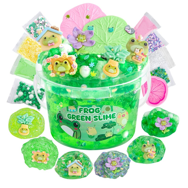 LAWOHO 300ml Frog Slime Kit with Clay Green Clear Slime Bucket for Girls Boys with 9 Packs Frog AddIns for Kids Slime Toys Non Stick Slime Making Kit for Birthday St Patricks Day Easter Gifts - Image 3