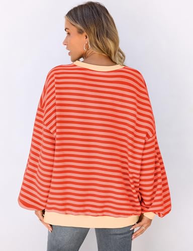 UEU Womens Oversized Crewneck Sweatshirt Casual Cotton Workout Sweatshirt Orange Pink Striped Small - Image 5