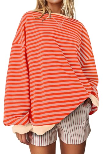 UEU Womens Oversized Crewneck Sweatshirt Casual Cotton Workout Sweatshirt Orange Pink Striped Small - Image 1