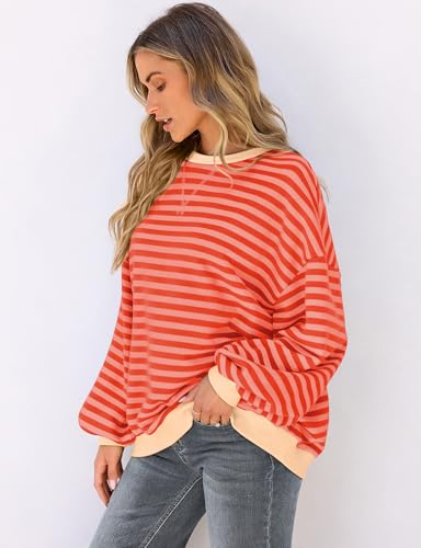 UEU Womens Oversized Crewneck Sweatshirt Casual Cotton Workout Sweatshirt Orange Pink Striped Small - Image 3
