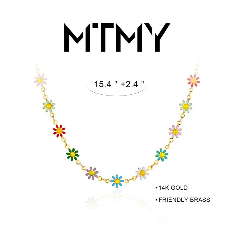 MTMY Gold Choker Necklace,14K Gold Plated Dainty Chain Choker Necklace Delicate Fashion Jewelry Gift for Women(colorful daisies) - Image 5