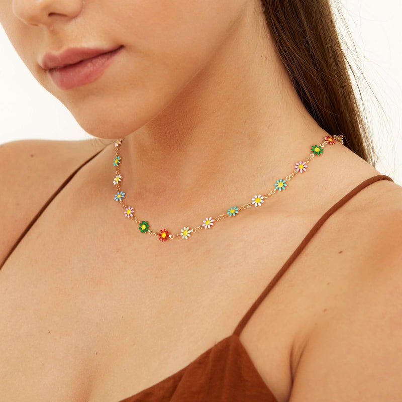 MTMY Gold Choker Necklace,14K Gold Plated Dainty Chain Choker Necklace Delicate Fashion Jewelry Gift for Women(colorful daisies) - Image 2