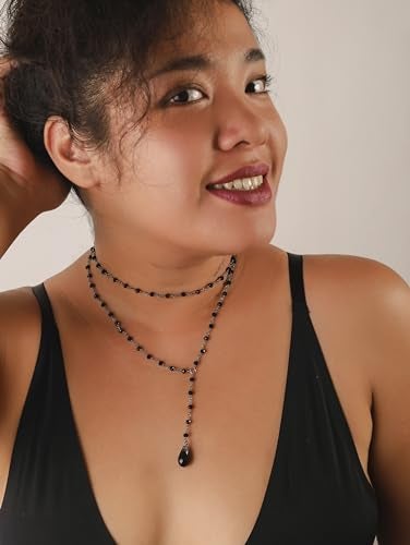 Sacina Gothic Layered Y Necklace - Dainty Teardrop Black Bead Necklace for Women - Image 3