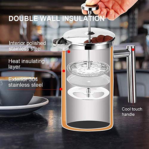Secura French Press Coffee Maker, 304 Grade Stainless Steel Insulated Coffee Press with 2 Extra Screens, 12oz (0.35 Litre), Silver (SFP-12DS) - Image 3