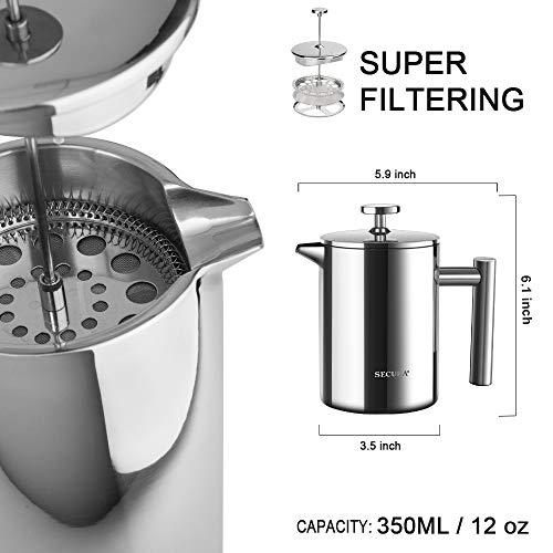 Secura French Press Coffee Maker, 304 Grade Stainless Steel Insulated Coffee Press with 2 Extra Screens, 12oz (0.35 Litre), Silver (SFP-12DS) - Image 2