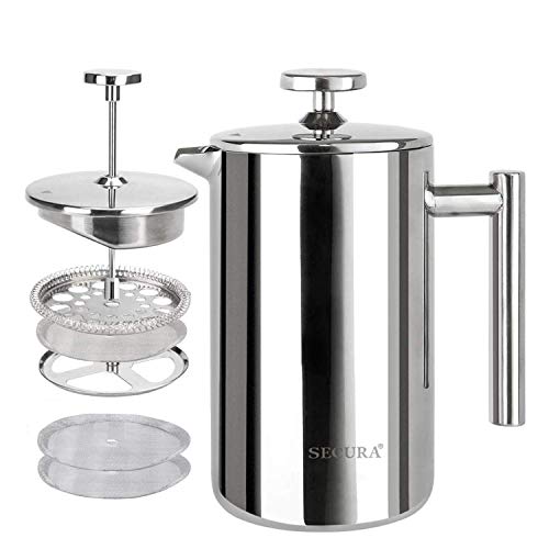Secura French Press Coffee Maker, 304 Grade Stainless Steel Insulated Coffee Press with 2 Extra Screens, 12oz (0.35 Litre), Silver (SFP-12DS) - Image 1