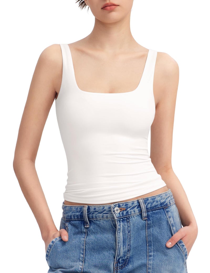 PUMIEY White Tank Tops for Women Square Neck Sleeveless Summer Tops, Splashed White X-Small - Image 1