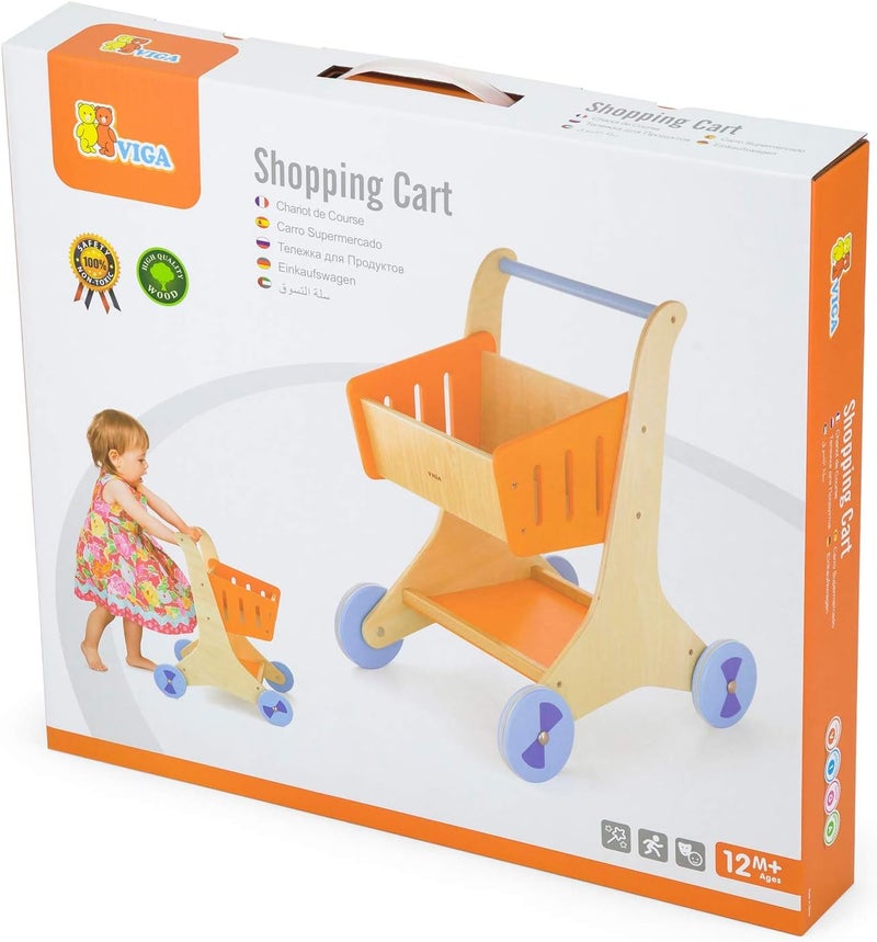 VIGA Educational Wooden Grocery Store Shopping Trolley Cart for Kids Ages 1+ Year - Image 3