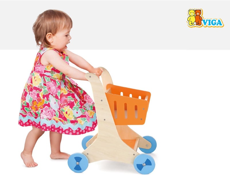 VIGA Educational Wooden Grocery Store Shopping Trolley Cart for Kids Ages 1+ Year - Image 2