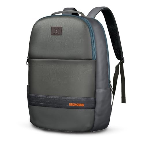 REDHORNS Faux Leather 15.6-inch Laptop Backpack for Men and Women with Rain Cover, Anti-Theft Travel Water Resistant Laptop Bag for Office, College, School (Grey) - Image 1