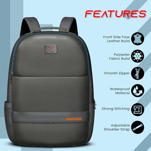 REDHORNS Faux Leather 15.6-inch Laptop Backpack for Men and Women with Rain Cover, Anti-Theft Travel Water Resistant Laptop Bag for Office, College, School (Grey) - Image 2