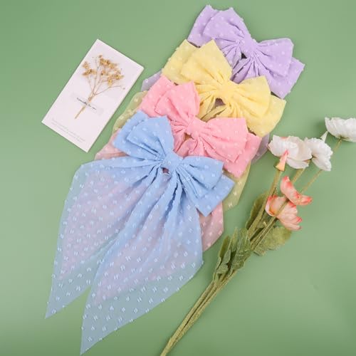 MRJ 4Pcs Chiffon Hair Bows for Women Big French Bows Hair Clips for Girls Hair Accessories Barrettes Metal Clips Bowknot Aesthetic - Image 4