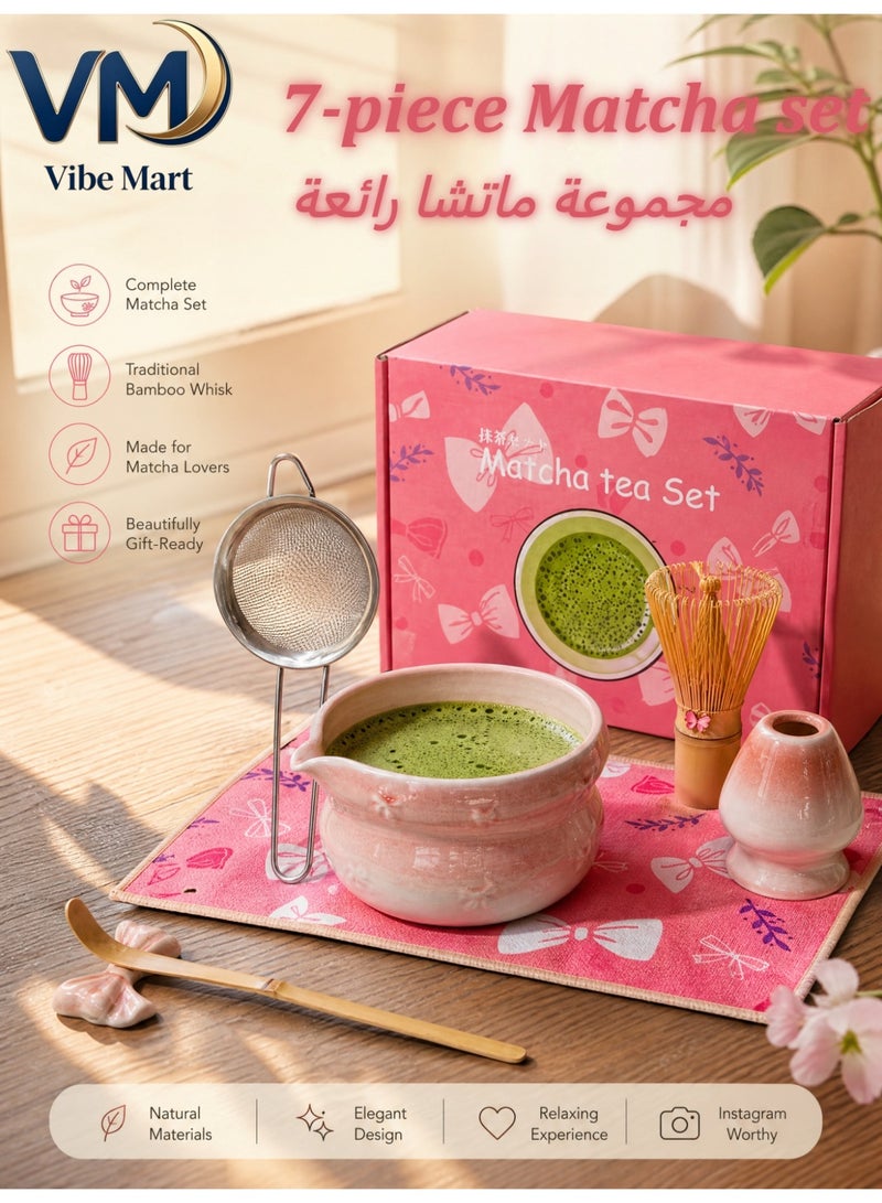Vibe Mart Matcha Whisk Set – Traditional Bamboo Matcha Whisk with Matcha Bowl |Pink Whisk Holder & Scoop|Stainless steel filter mesh|7-Piece Japanese Matcha tools|Suitable as a gift for Eid al-Fitr. - Image 1