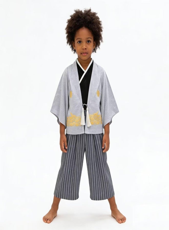 SZCQ Boys Samurai Costumes Suits Kids Kimono Clothes Set Boy Japanese Warrior Halloween Costume Cosplay Outfits Cloak Ninja Grey - Image 5