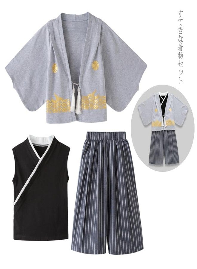 SZCQ Boys Samurai Costumes Suits Kids Kimono Clothes Set Boy Japanese Warrior Halloween Costume Cosplay Outfits Cloak Ninja Grey - Image 2