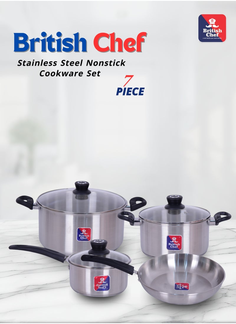 British Chef 7 Piece Stainless Steel Nonstick Cookware Set | Induction Base, Heavy Base Bottom, 28cm Casserole+Lid, 16cm Sauce Pan, 24cm Fry pan and 20cm Casserole+Lid  - Image 2