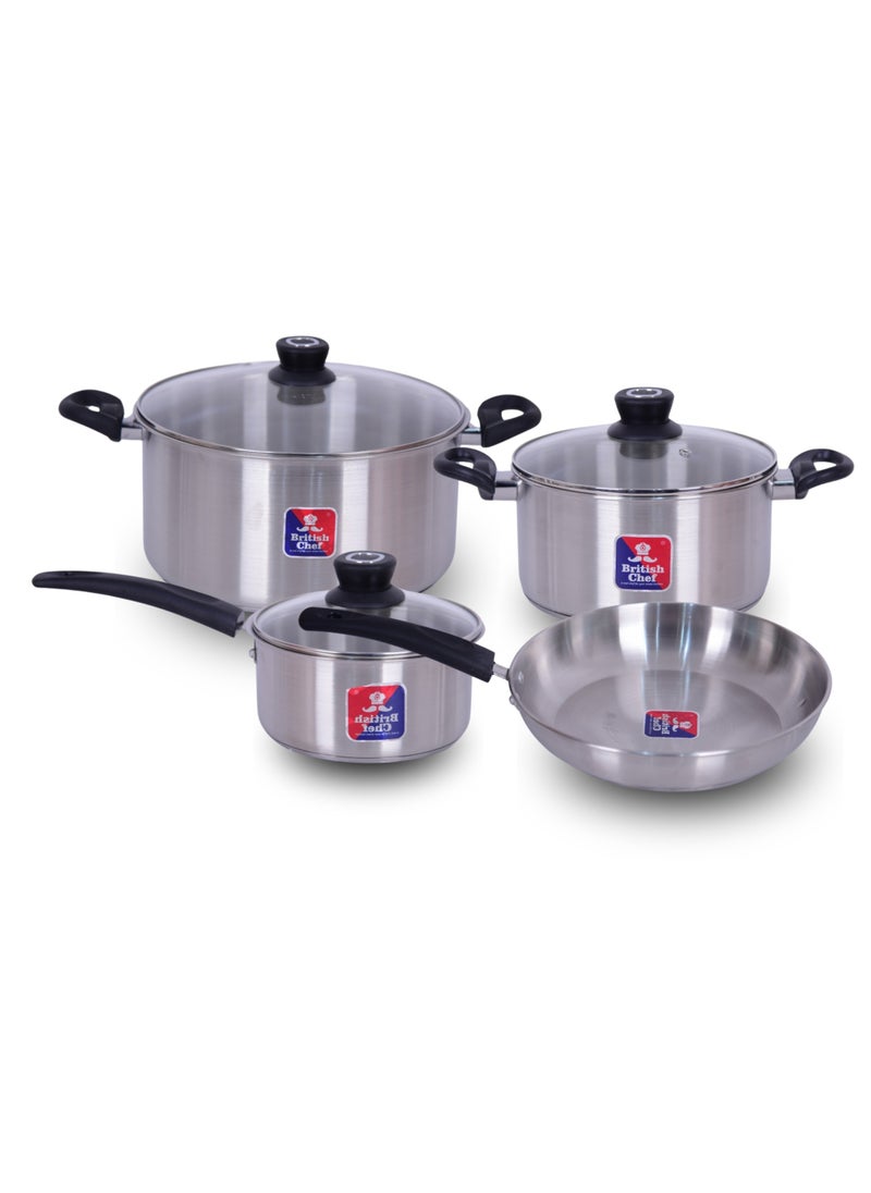 British Chef 7 Piece Stainless Steel Nonstick Cookware Set | Induction Base, Heavy Base Bottom, 28cm Casserole+Lid, 16cm Sauce Pan, 24cm Fry pan and 20cm Casserole+Lid  - Image 1