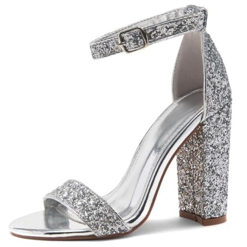 Herstyle Women’s Chunky Block Heels – Open Toe Ankle Strap Sandals, 3.75 Inch High Heels for Wedding, Party & Dressy Occasions – Comfortable Strappy Dress Shoes, SilverGlitter, Size 7.5, Rosemmina - Image 1