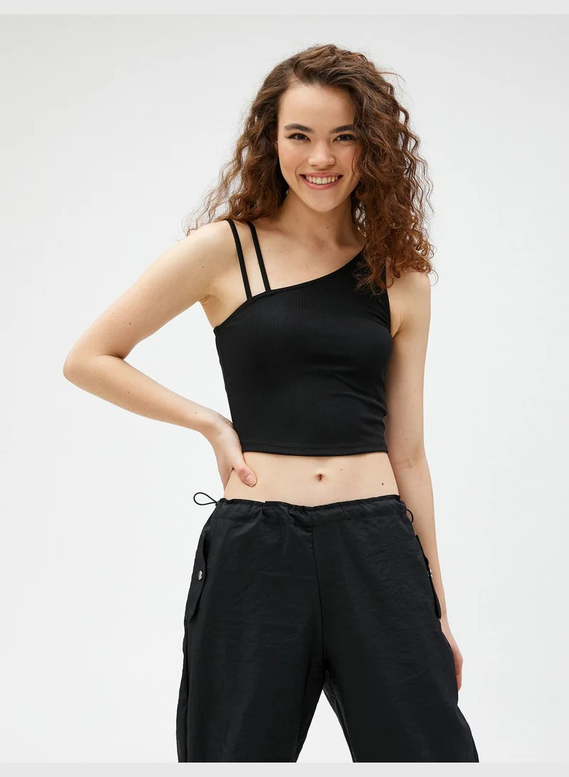 كوتون Ribbed Asymmetric Neck Crop Tank Top