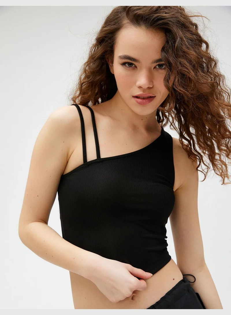 كوتون Ribbed Asymmetric Neck Crop Tank Top