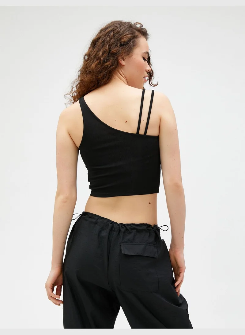 كوتون Ribbed Asymmetric Neck Crop Tank Top