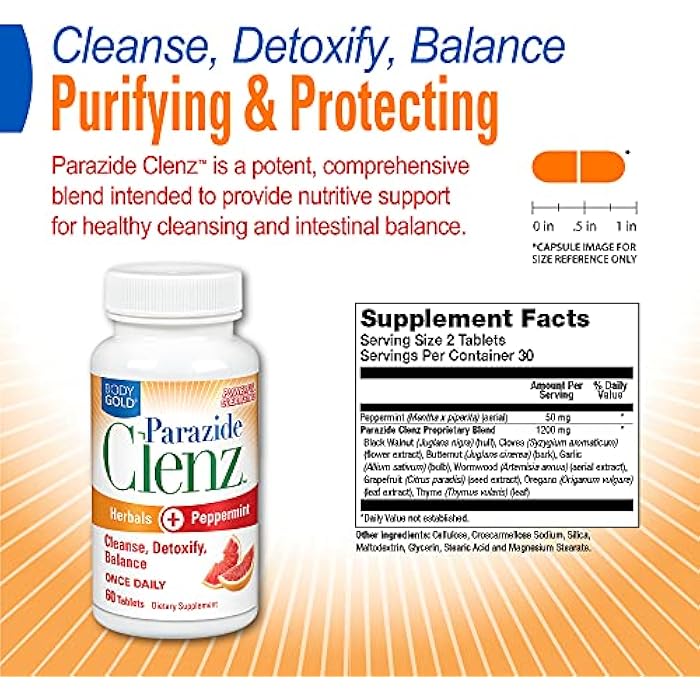Body Gold جسم الذهب بارازيد كلينز هيربالز ونعناع | تنظيف الأمعاء وإزالة السموم مع الجوز الأسود والمزيد | 30 حصة، 60 قرص - Image 2