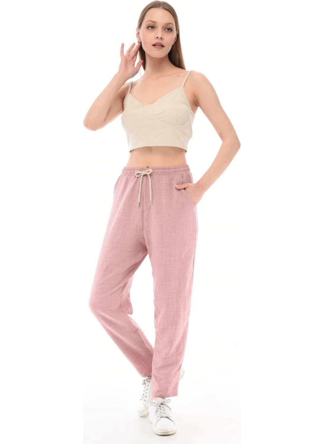 سيدي دينيم Women's Synthetic Linen High Waist Elastic Skinny Leg Mom Pants C611