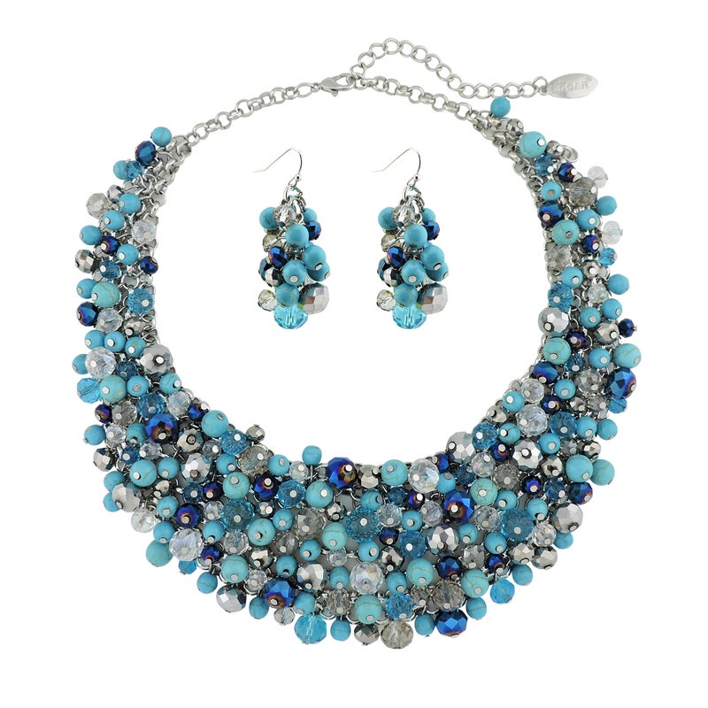 Bocar Fashion Crystal Chunky Collar Statement Necklace Earring Set for Women Gift (NK-10260-turquoise blue) - Image 1