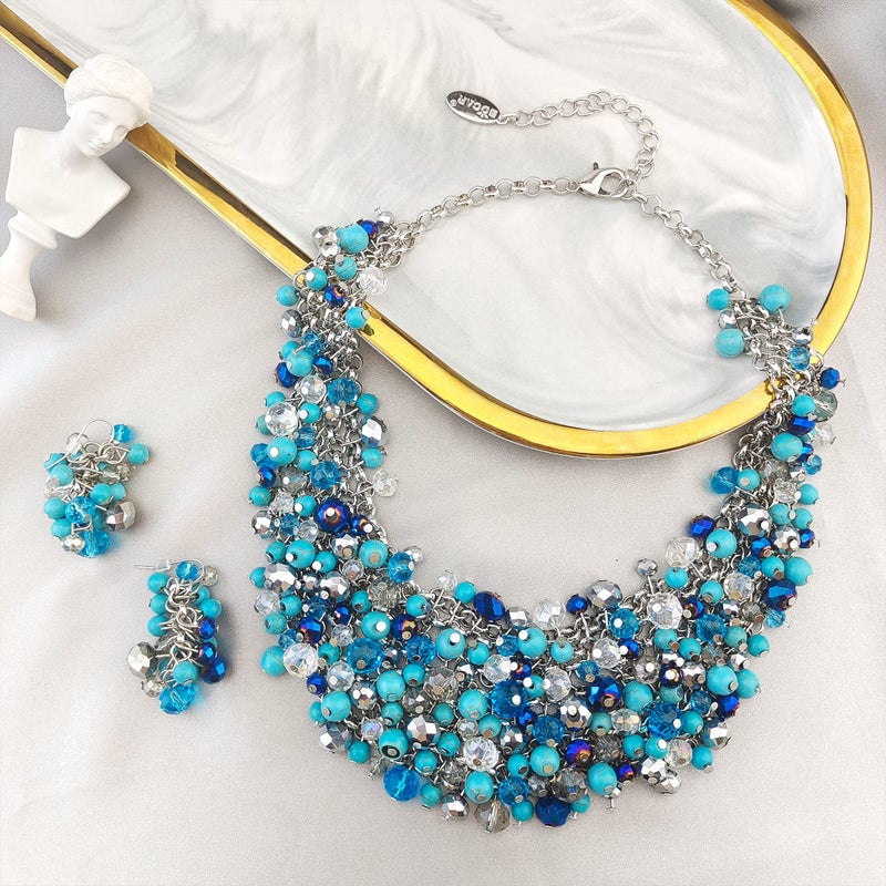 Bocar Fashion Crystal Chunky Collar Statement Necklace Earring Set for Women Gift (NK-10260-turquoise blue) - Image 5
