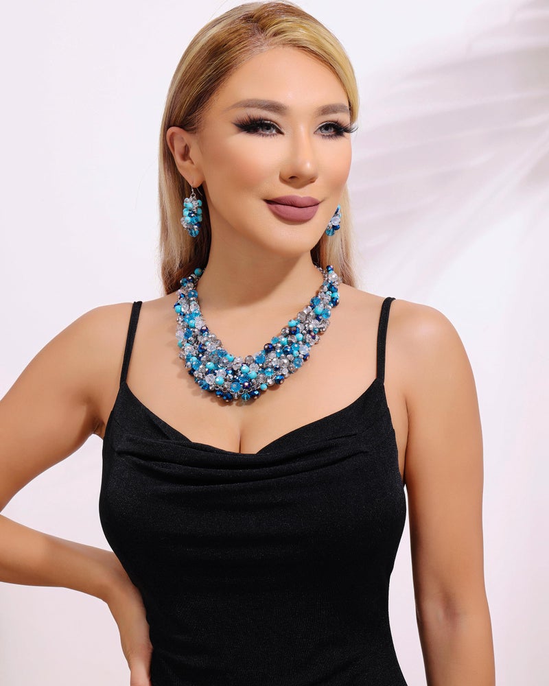 Bocar Fashion Crystal Chunky Collar Statement Necklace Earring Set for Women Gift (NK-10260-turquoise blue) - Image 2