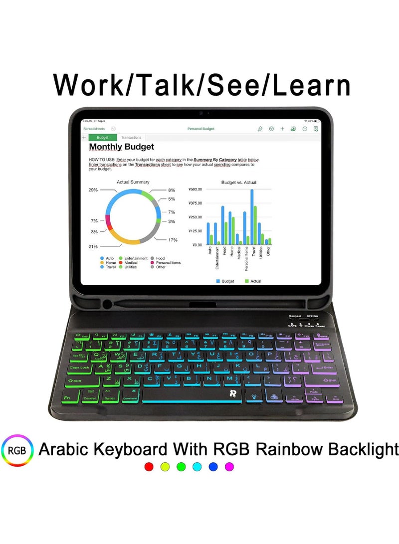 Rock Pow Arabic Keyboard Case for Samsung Galaxy Tab A9 Plus 11 inch (SM-X210/X216/X218)/Galaxy Tab A11 Plus 2025 (SM-X230 / X235 / X236 / X238),7 Color Rainbow Backlit Detachable Keyboard with Type-C Charging Magnetic Cover for Galaxy Tab A11+ 11 inch 2025/A9+ 11inch 2023 5G - Image 3