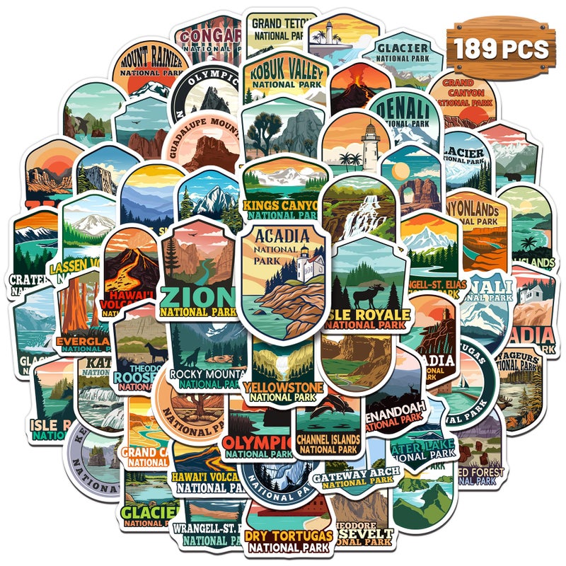 WAKEMOODEI 189PCS National Park Stickers, Waterproof Outdoor Nature Stickers for Water Bottle Laptop Car Luggage, Adventure Travel Sticker Pack, Hiking Camping Vinyl Decals - Image 1