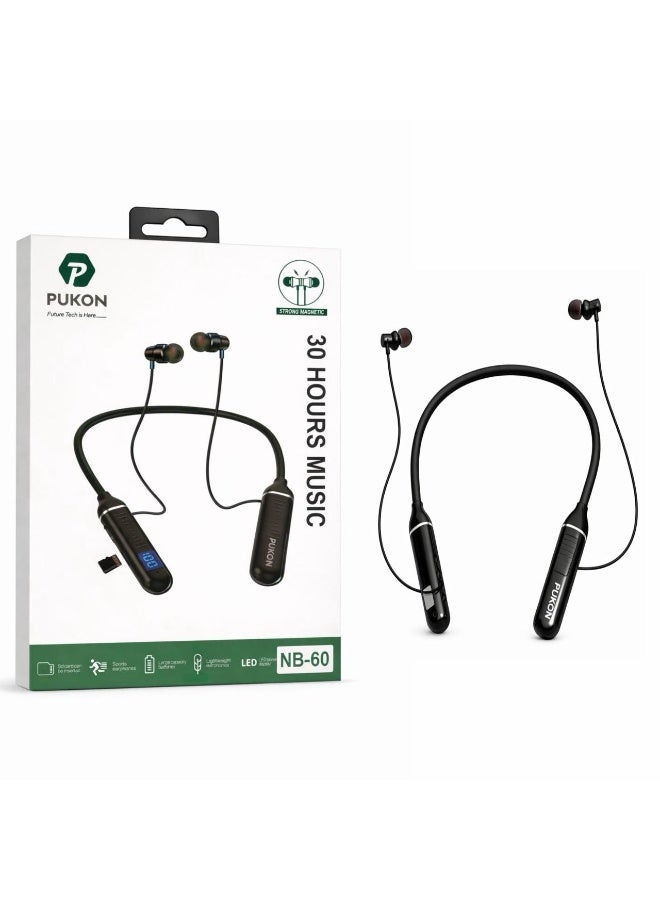 PUKON NB60 Wireless Bluetooth Neckband In-Ear Earphones with 30 Hours Playtime, LED Display, Magnetic Sports Design, SD Card Support, 1 Year Replacement Warranty – Black - Image 4