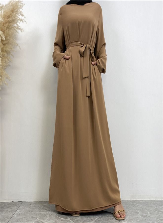 Loquat Lace-Up Pocket Muss Solid Color Dress Abaya Brown  - Image 1