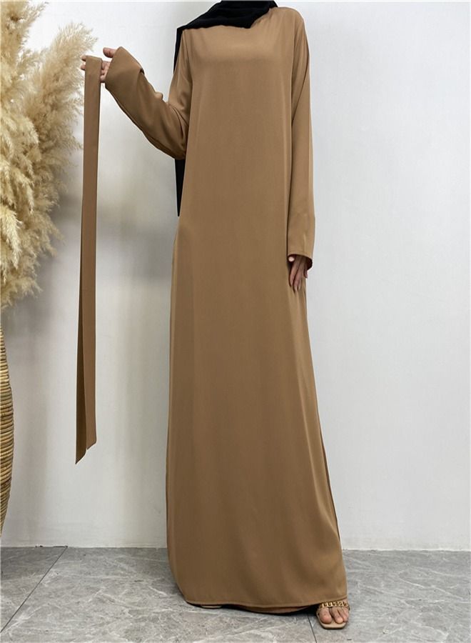 Loquat Lace-Up Pocket Muss Solid Color Dress Abaya Brown  - Image 2