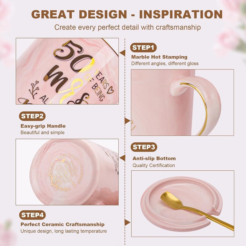 ALBISS 50th Wedding Anniversary Coffee Mugs Set, Unique Cups Set, 14oz Gold Print Ceramic Couples Cups with Lid Spoon Card Gift Box for Couples, Parents, Grandparents, Grandpa, Grandma - Image 5