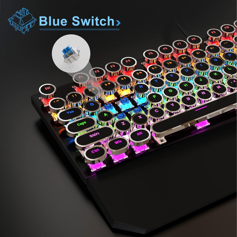 MageGee Typewriter Mechanical Gaming Keyboard, Retro Black Punk Round Keycaps RGB Rainbow Backlit Wired Keyboards for Laptop MAC PC Gamer, with Magnetic Wrist Rest - Blue Switch - Image 5