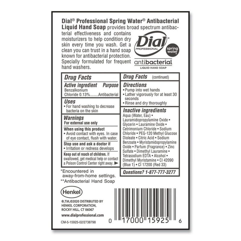 Dial 15926EA Antibacterial Liquid Hand Soap, Spring Water Scent, 1 gal Bottle - Image 3