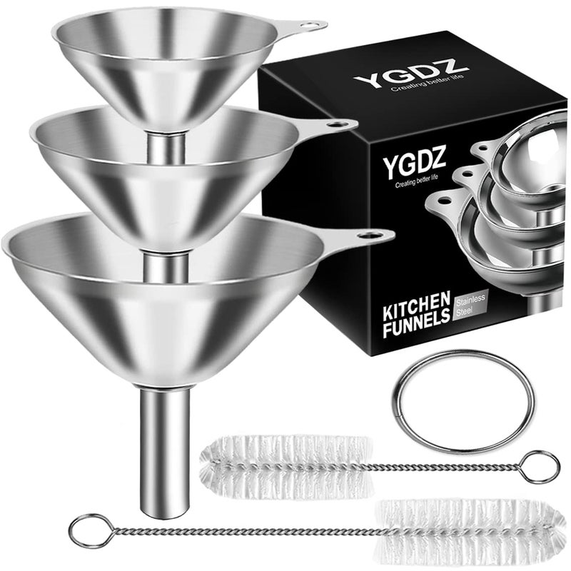 Kitchen Funnels for Filling Bottles YGDZ 3pcs SmallMediumLarge Food Grade Stainless Steel Metal Kitchen Funnels Set for Essential Oil Spices Liquid 2pcs Cleaning Brushes