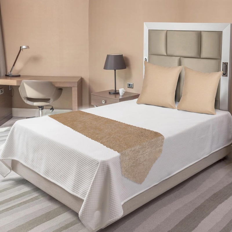 Kingly Premium Velvet Bed Runner Set for Hotels – Includes 1 Runner & 2 Cushion Covers – Beige – Double Bed Styling Combo - Image 5