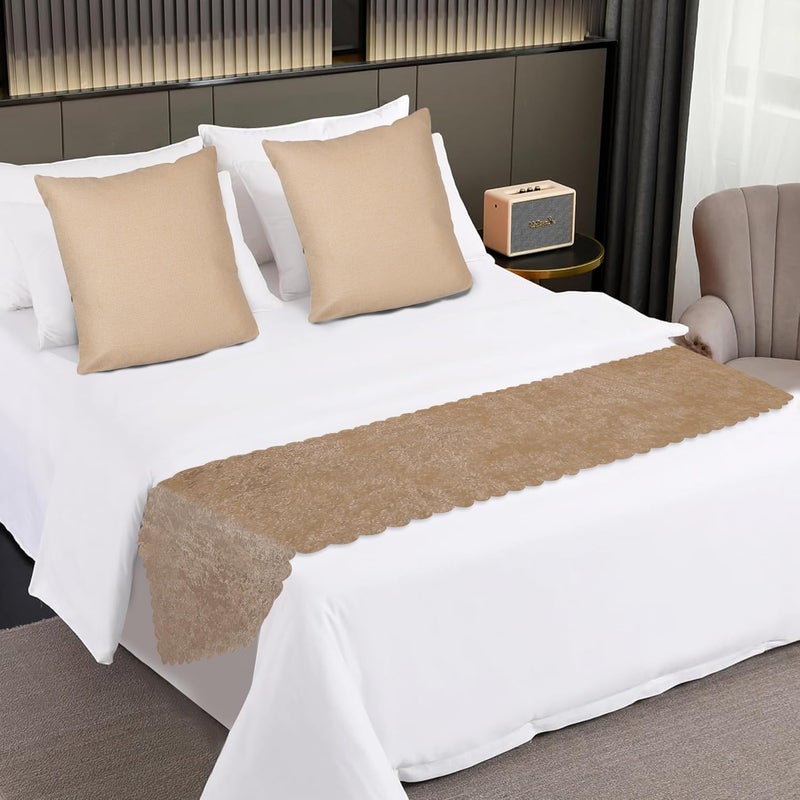 Kingly Premium Velvet Bed Runner Set for Hotels – Includes 1 Runner & 2 Cushion Covers – Beige – Double Bed Styling Combo - Image 1