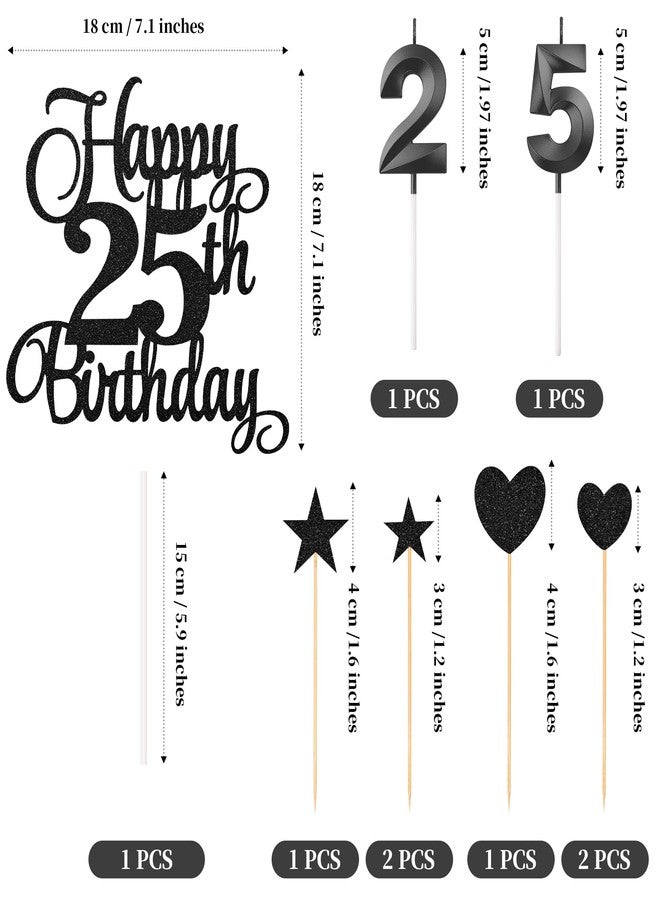Lecferrarc 25th Birthday Cake Decorations, 25th Birthday Candles Cake Numeral Candles and Glitter Happy 25th Birthday Cake Toppers Set for Birthday Party Supplies (Black) - Image 2