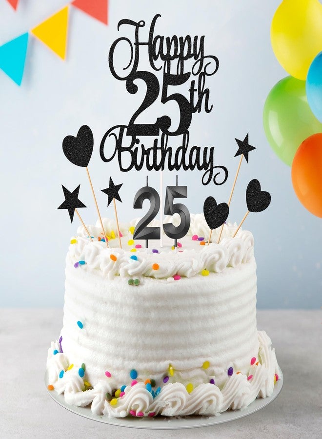 Lecferrarc 25th Birthday Cake Decorations, 25th Birthday Candles Cake Numeral Candles and Glitter Happy 25th Birthday Cake Toppers Set for Birthday Party Supplies (Black) - Image 3