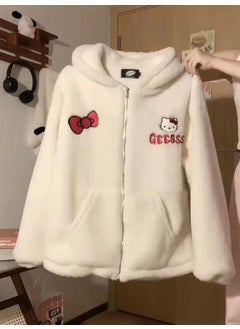 Kitty Cat Lamb Wool Sweatshirt Womens Autumn Winter Thickened Fuzzy Cute Loose-Fit Jacket Niche Sensibility Design Chic Outwear White